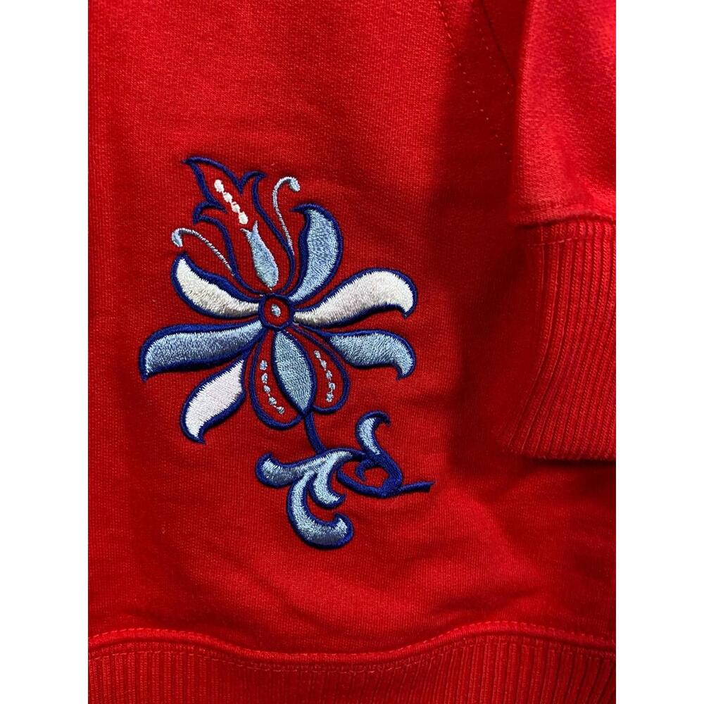 Red Snap Pullover XLarge Vintage 90s Grandma core Embroidered Flower Blast Blues - Picture 3 of 10